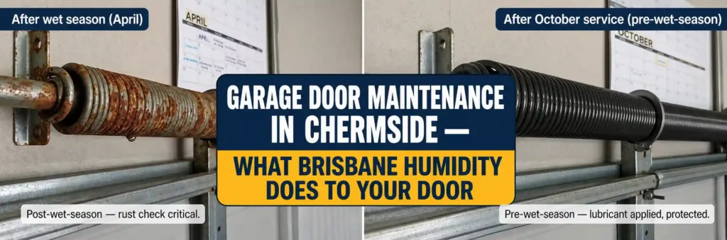 Comparison of a rusty garage door torsion spring after Brisbane's wet season and a lubricated spring before the wet season in Chermside.