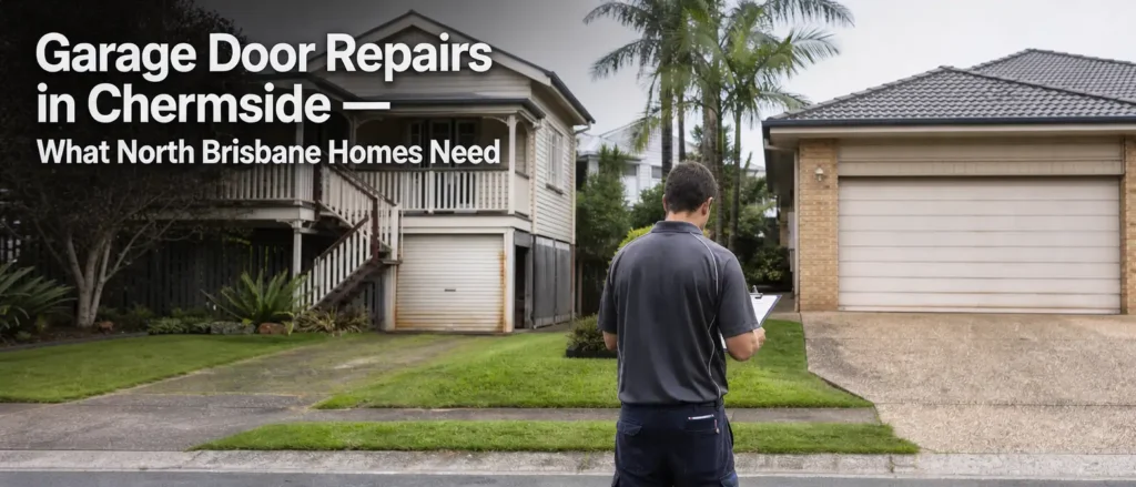 Garage door repair technician inspecting residential garage doors at homes in Chermside, North Brisbane.