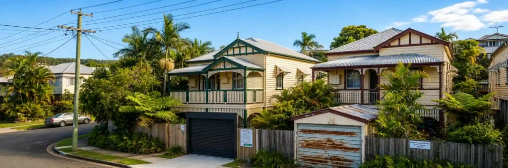 Queenslander family homes in Chermside featuring different garage doors, including a modern black roller door and an older weathered garage door.