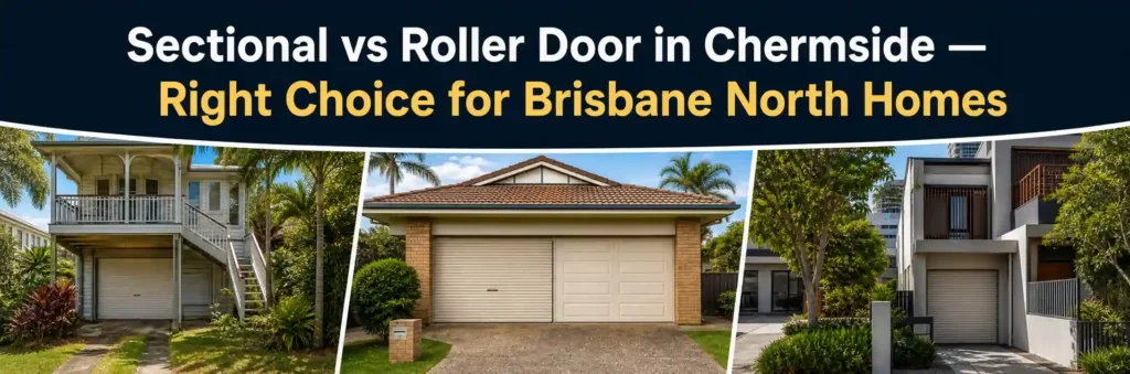 Comparison of roller and sectional garage doors on Queenslander, suburban, and modern homes in Chermside, Brisbane.